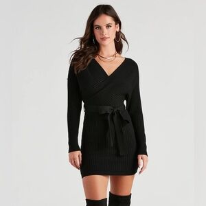 Fashion Nova Black Long Sleeve Ribbed Sweater Dress with Tie Belt